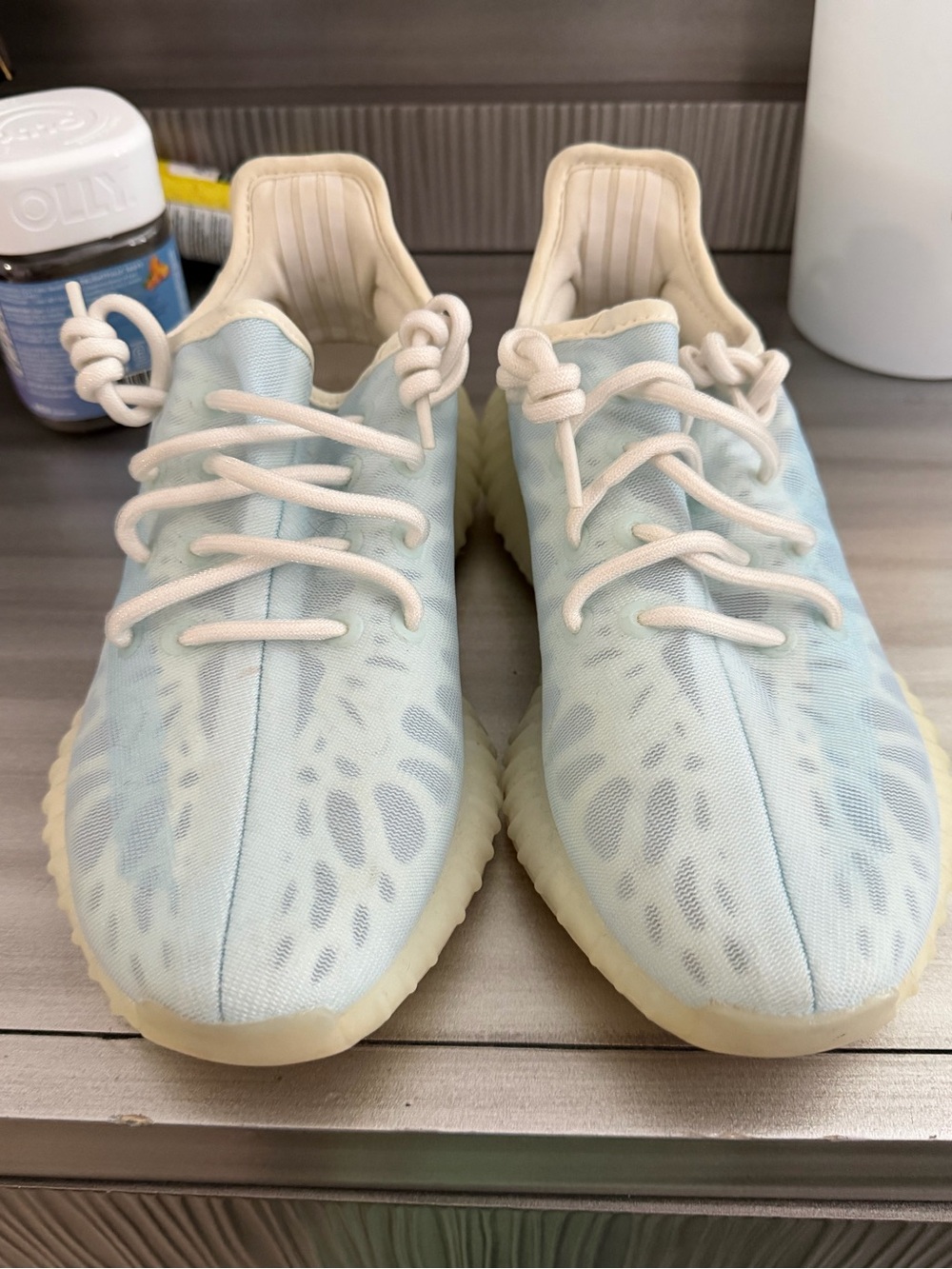 Yeezy women’s Light Blue and Off-white Knit Sneakers